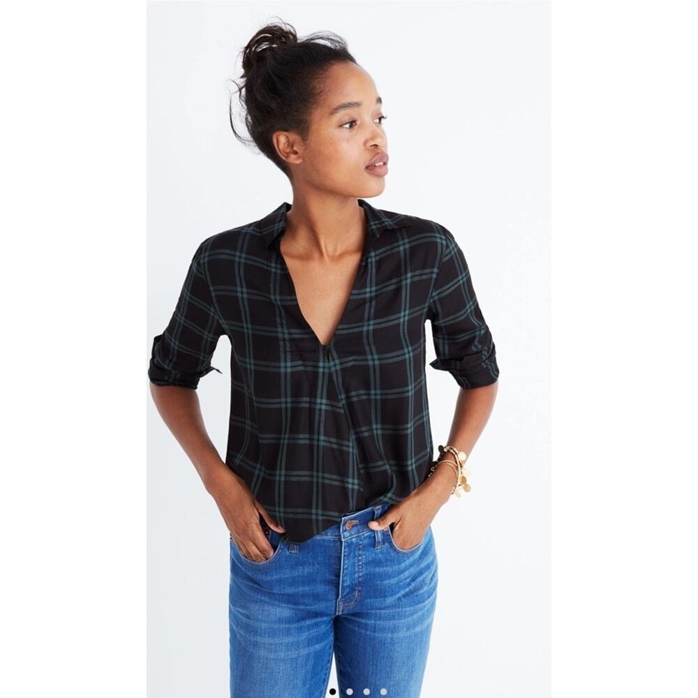 Madewell Wrap-Front Shirt in Palma Plaid Green/black XS ZZ